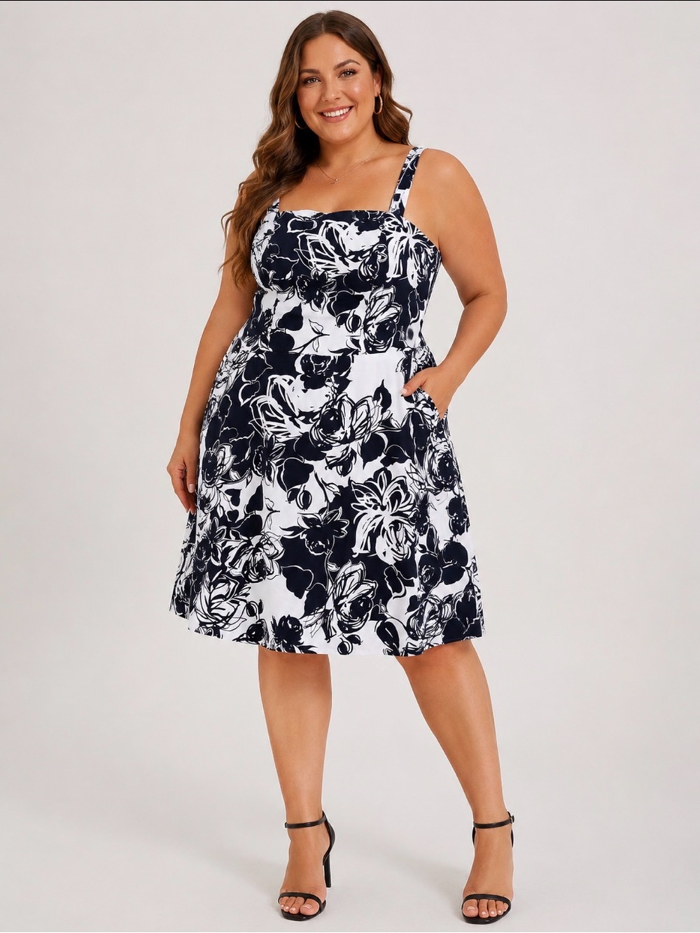 R&K Originals Women's Cotton Stretch Navy White Floral Summer Sun Dress Size 16W